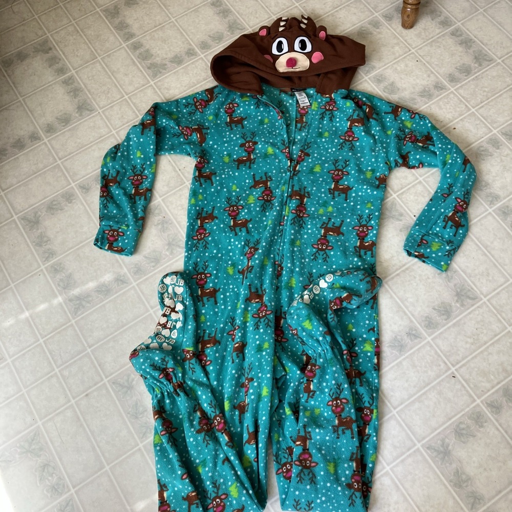 Joe Boxer Footie Footed One Piece Reindeer Pajamas Hooded Medium Turquoise